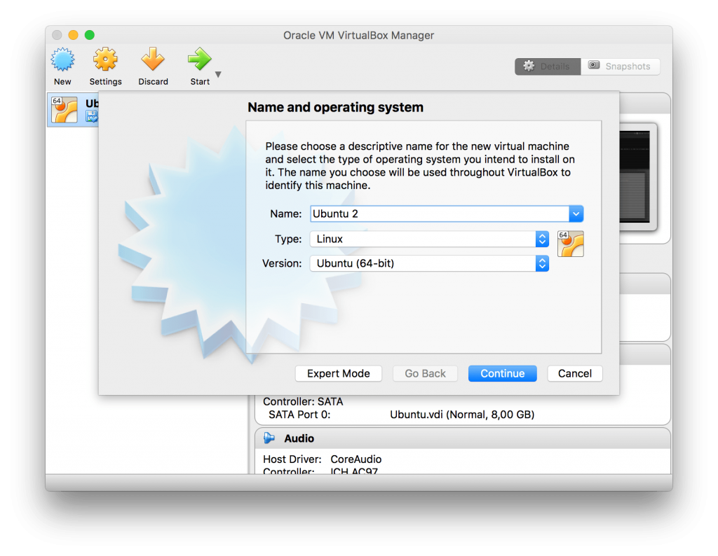 Name and operating system - VirtualBox